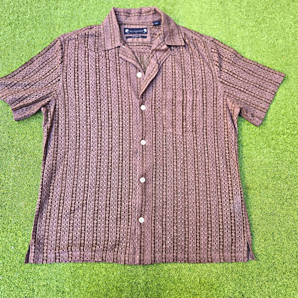 AllSaints Men's Cala Floral Lace Sheer Relaxed Shirt Small Brown Short Sleeve